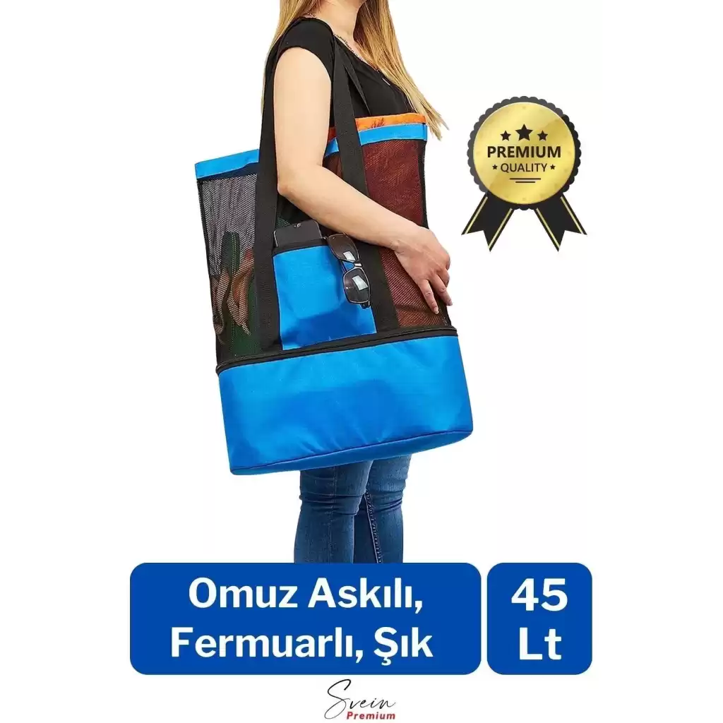 Sıcak Soğuk Tutucu Buzluklu Termos Bölmeli Fileli Omuz Askılı Fermuarlı Şık Plaj Kamp Piknik Çantası
