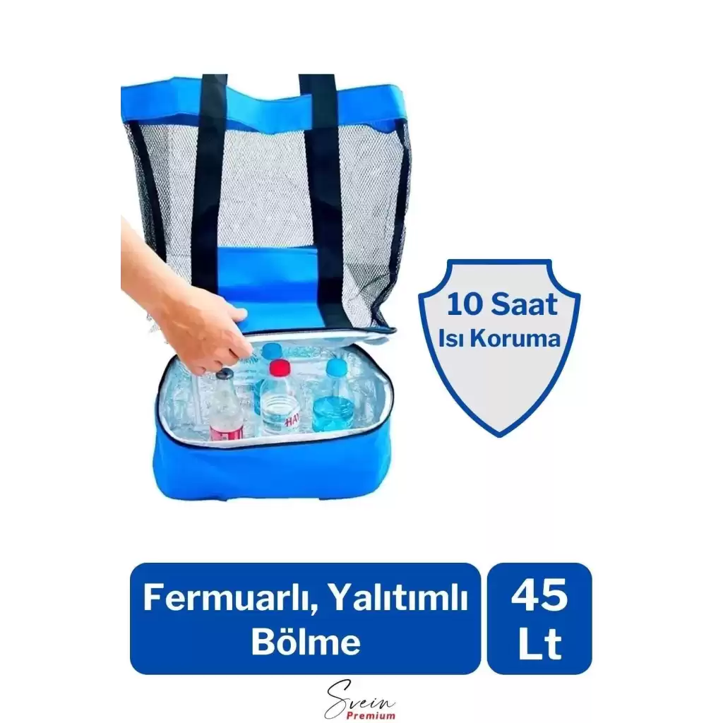 Sıcak Soğuk Tutucu Buzluklu Termos Bölmeli Fileli Omuz Askılı Fermuarlı Şık Plaj Kamp Piknik Çantası