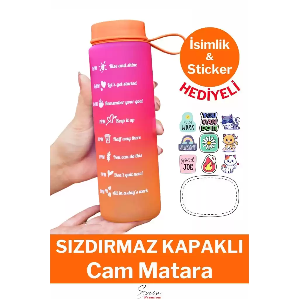 Premium Motivasyon 1. Kalite Sızdırmaz Renkli Yazılı Sporcu Cam Matara Kapaklı Su Şişesi Bpa İçermez