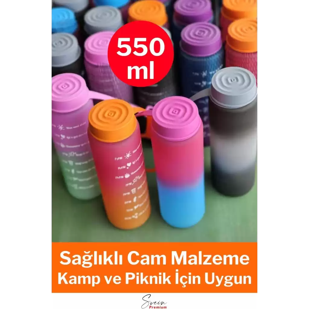Premium Motivasyon 1. Kalite Sızdırmaz Renkli Yazılı Sporcu Cam Matara Kapaklı Su Şişesi Bpa İçermez