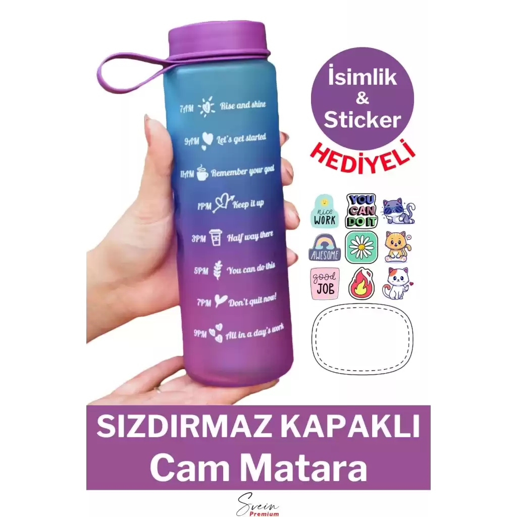 Premium Motivasyon 1. Kalite Sızdırmaz Renkli Yazılı Sporcu Cam Matara Kapaklı Su Şişesi Bpa İçermez