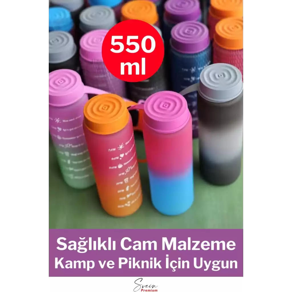Premium Motivasyon 1. Kalite Sızdırmaz Renkli Yazılı Sporcu Cam Matara Kapaklı Su Şişesi Bpa İçermez