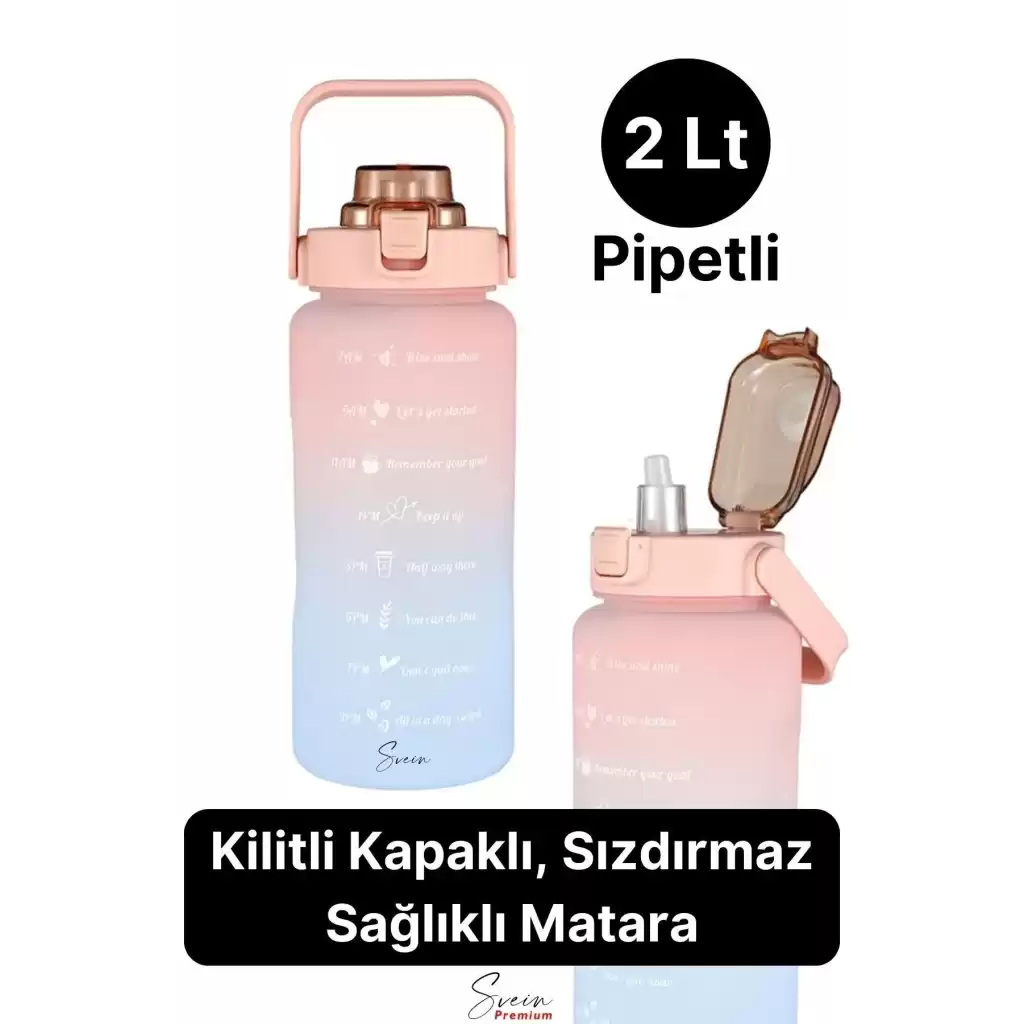 2 Lt Pipetli Motivasyonel Su Matarası Sağlıklı Sızdırmaz Suluk Tritan Spor Salonu Su Şişesi Sticker