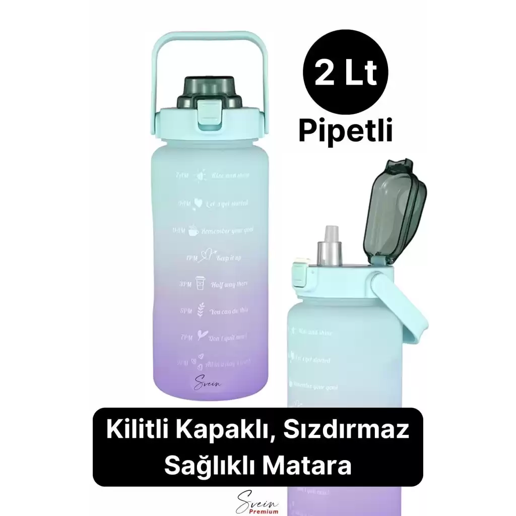 2 Lt Pipetli Motivasyonel Su Matarası Sağlıklı Sızdırmaz Suluk Tritan Spor Salonu Su Şişesi Sticker
