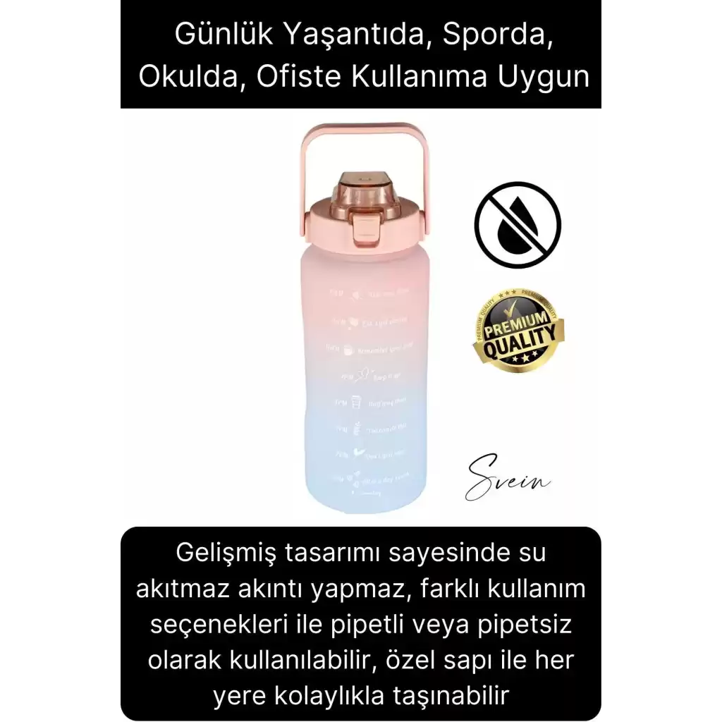 Premium 2 Lt Pipetli Kilitli Sızdırmaz Kapaklı Tutma Saplı Motivasyon Suluk Matara Sporcu Su Şişesi