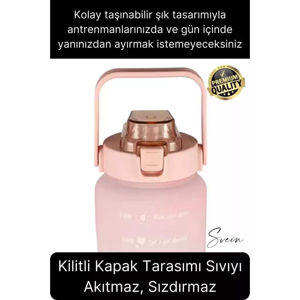 Premium 2 Lt Pipetli Kilitli Sızdırmaz Kapaklı Tutma Saplı Motivasyon Suluk Matara Sporcu Su Şişesi