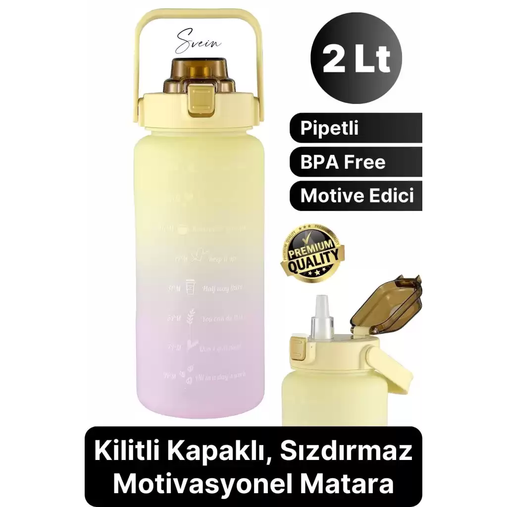 Premium 2 Lt Pipetli Kilitli Sızdırmaz Kapaklı Tutma Saplı Motivasyon Suluk Matara Sporcu Su Şişesi