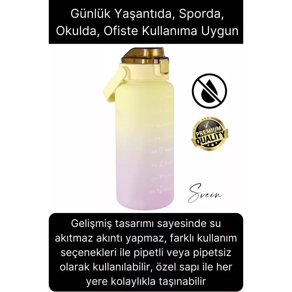 Premium 2 Lt Pipetli Kilitli Sızdırmaz Kapaklı Tutma Saplı Motivasyon Suluk Matara Sporcu Su Şişesi