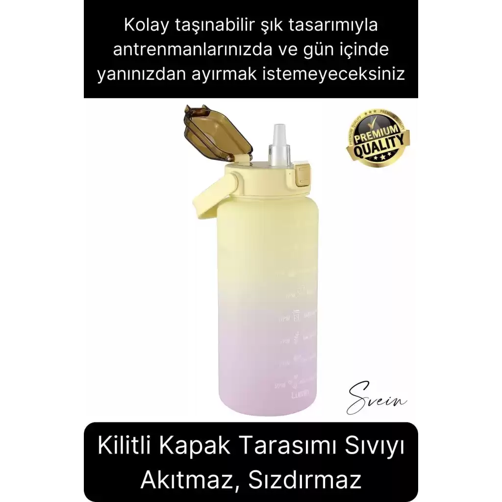 Premium 2 Lt Pipetli Kilitli Sızdırmaz Kapaklı Tutma Saplı Motivasyon Suluk Matara Sporcu Su Şişesi
