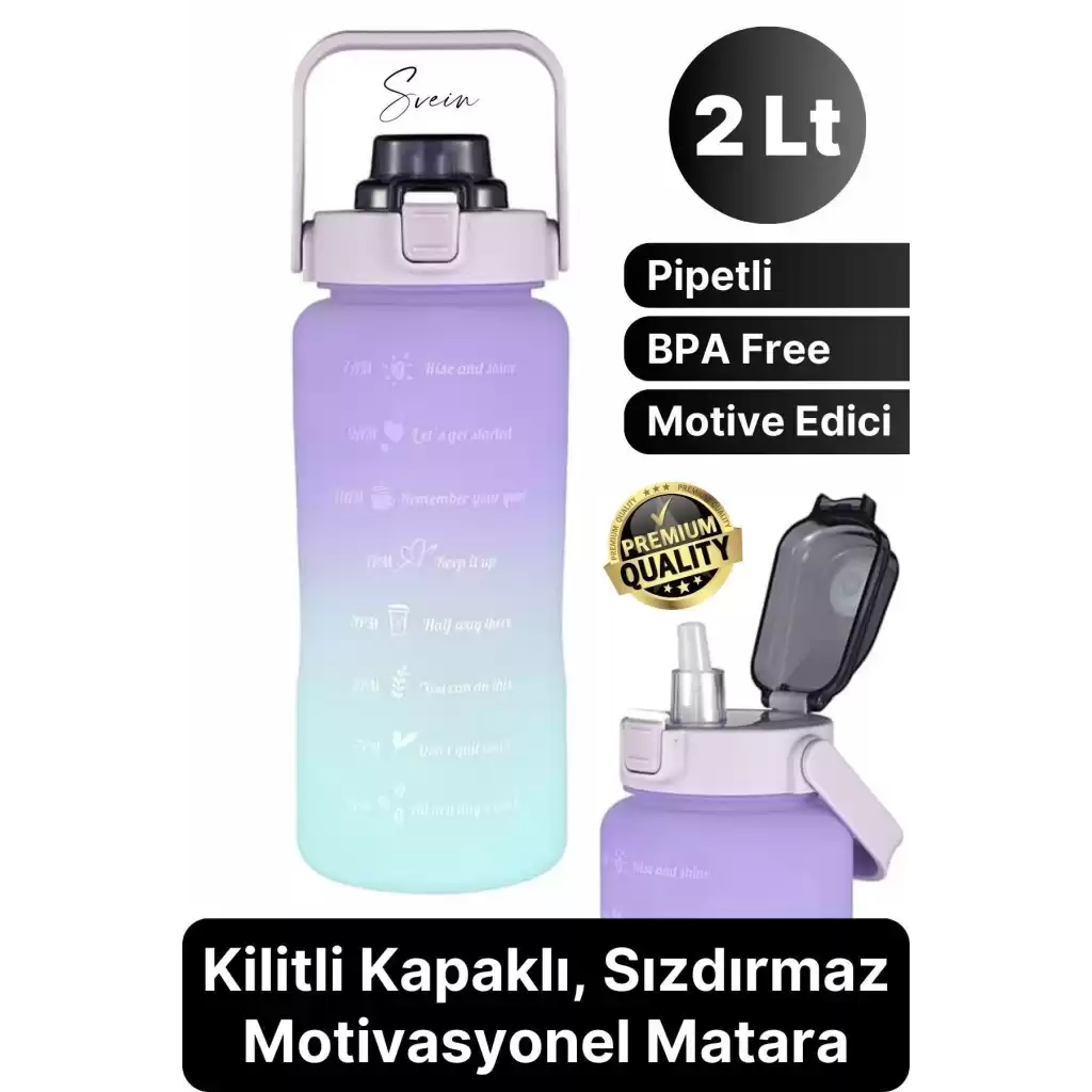 Premium 2 Lt Pipetli Kilitli Sızdırmaz Kapaklı Tutma Saplı Motivasyon Suluk Matara Sporcu Su Şişesi
