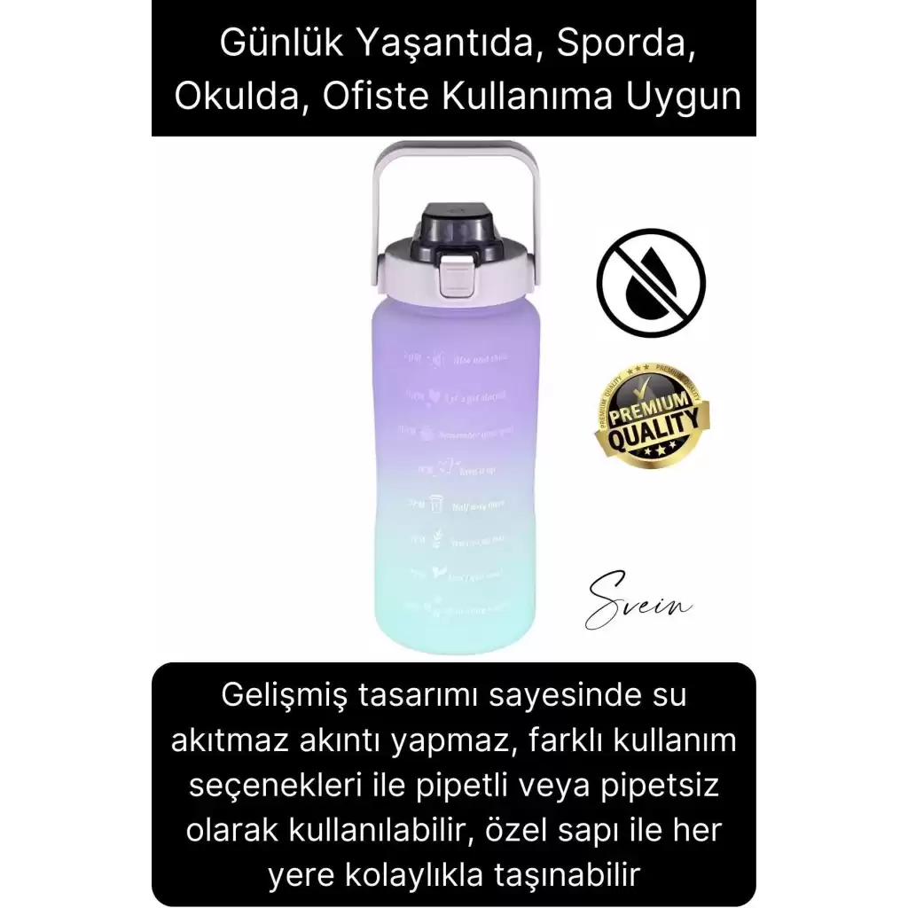 Premium 2 Lt Pipetli Kilitli Sızdırmaz Kapaklı Tutma Saplı Motivasyon Suluk Matara Sporcu Su Şişesi