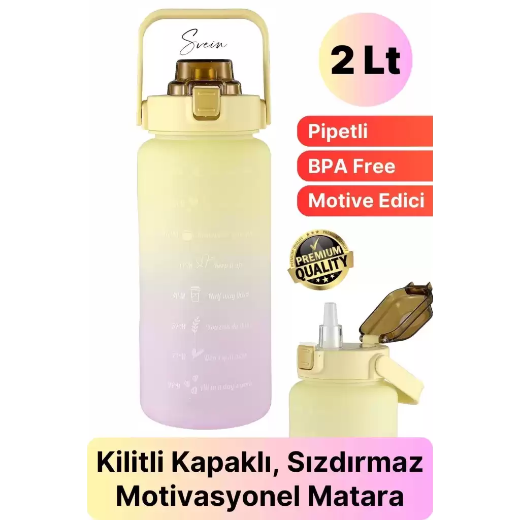 Premium 2 Lt Pipetli Kilitli Sızdırmaz Kapaklı Tutma Saplı Motivasyon Suluk Matara Sporcu Su Şişesi