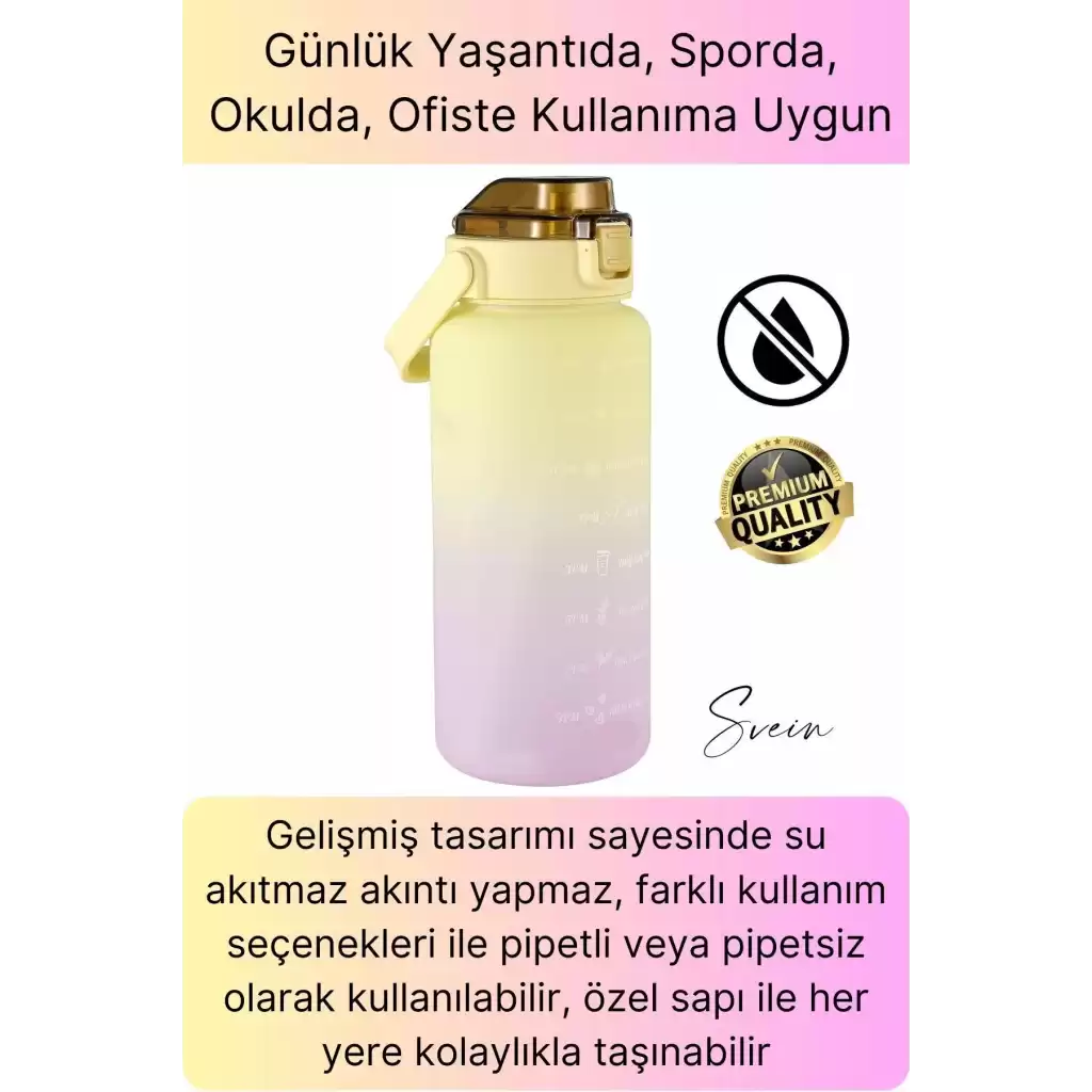 Premium 2 Lt Pipetli Kilitli Sızdırmaz Kapaklı Tutma Saplı Motivasyon Suluk Matara Sporcu Su Şişesi