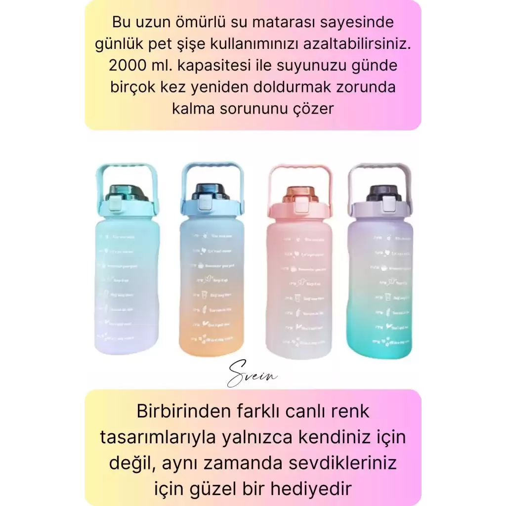 Premium 2 Lt Pipetli Kilitli Sızdırmaz Kapaklı Tutma Saplı Motivasyon Suluk Matara Sporcu Su Şişesi