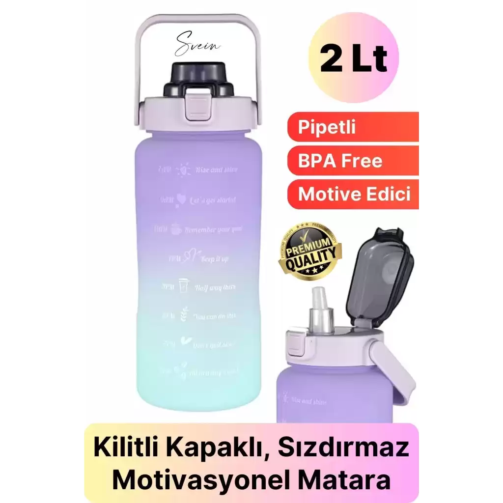 Premium 2 Lt Pipetli Kilitli Sızdırmaz Kapaklı Tutma Saplı Motivasyon Suluk Matara Sporcu Su Şişesi
