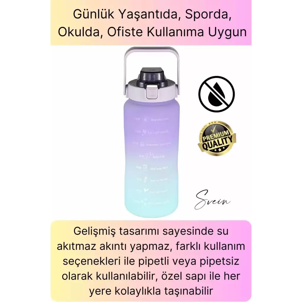 Premium 2 Lt Pipetli Kilitli Sızdırmaz Kapaklı Tutma Saplı Motivasyon Suluk Matara Sporcu Su Şişesi