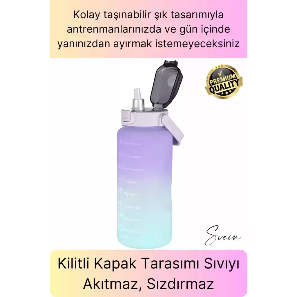 Premium 2 Lt Pipetli Kilitli Sızdırmaz Kapaklı Tutma Saplı Motivasyon Suluk Matara Sporcu Su Şişesi