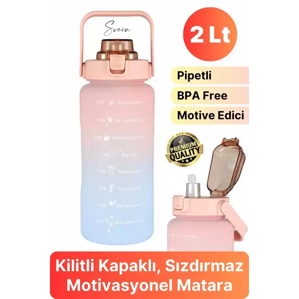 Premium 2 Lt Pipetli Kilitli Sızdırmaz Kapaklı Tutma Saplı Motivasyon Suluk Matara Sporcu Su Şişesi