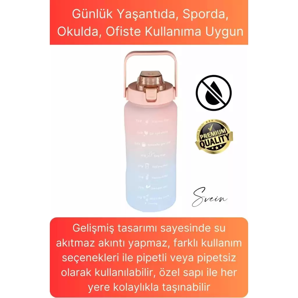 Premium 2 Lt Pipetli Kilitli Sızdırmaz Kapaklı Tutma Saplı Motivasyon Suluk Matara Sporcu Su Şişesi