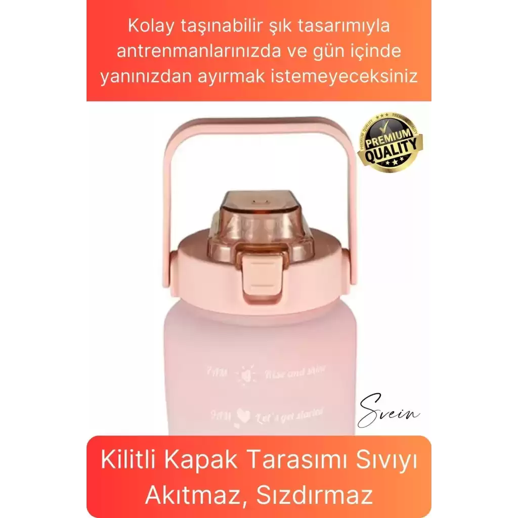 Premium 2 Lt Pipetli Kilitli Sızdırmaz Kapaklı Tutma Saplı Motivasyon Suluk Matara Sporcu Su Şişesi