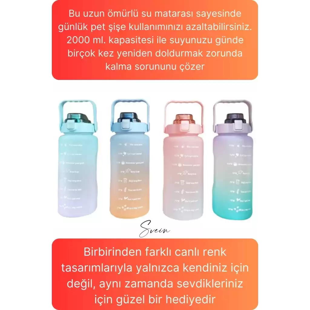Premium 2 Lt Pipetli Kilitli Sızdırmaz Kapaklı Tutma Saplı Motivasyon Suluk Matara Sporcu Su Şişesi