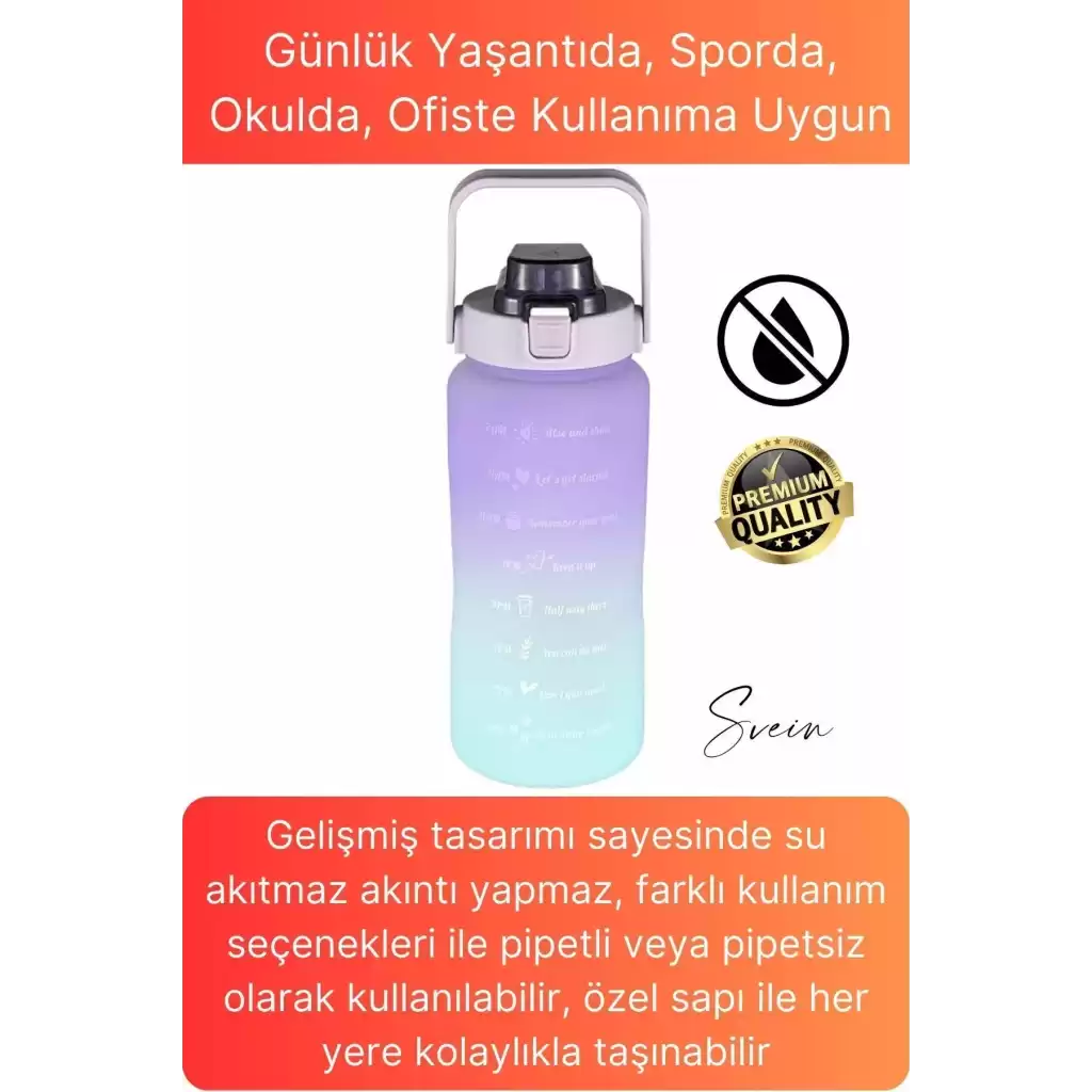 Premium 2 Lt Pipetli Kilitli Sızdırmaz Kapaklı Tutma Saplı Motivasyon Suluk Matara Sporcu Su Şişesi