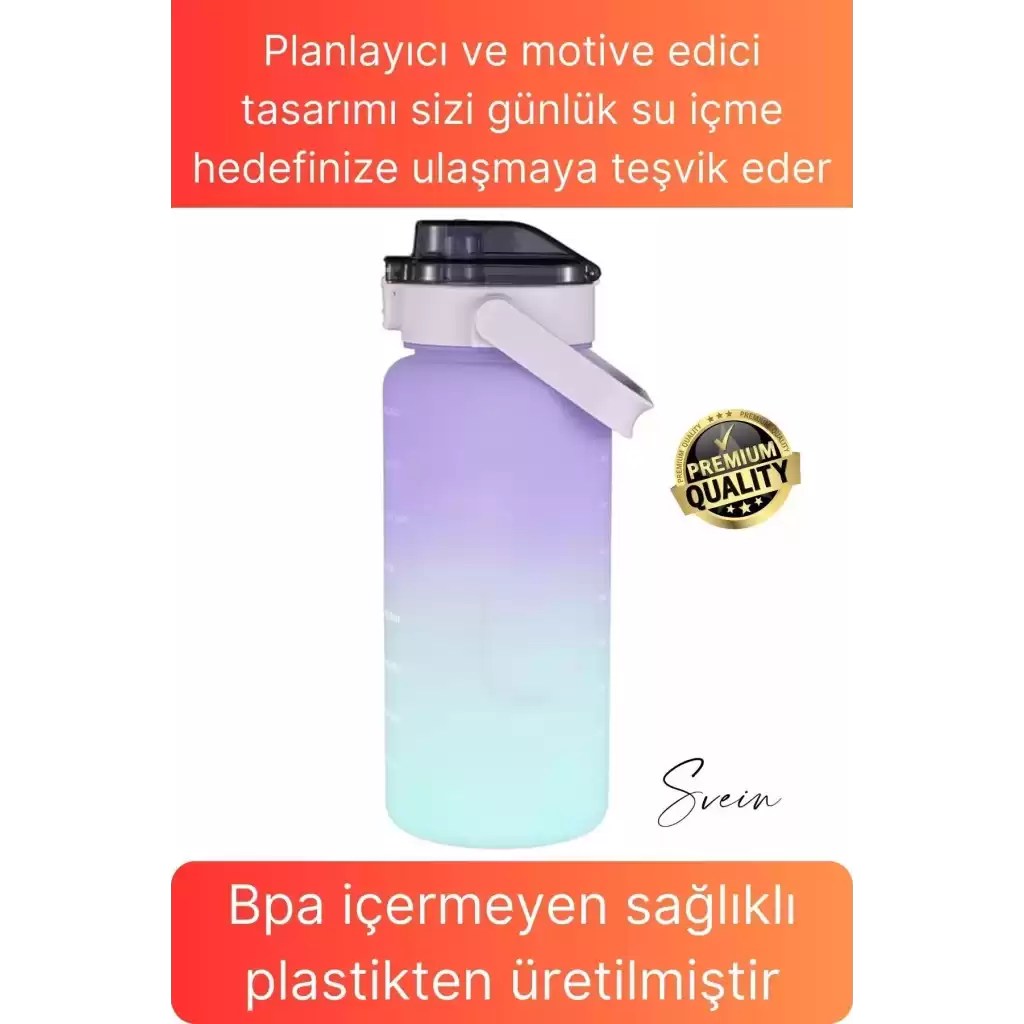 Premium 2 Lt Pipetli Kilitli Sızdırmaz Kapaklı Tutma Saplı Motivasyon Suluk Matara Sporcu Su Şişesi