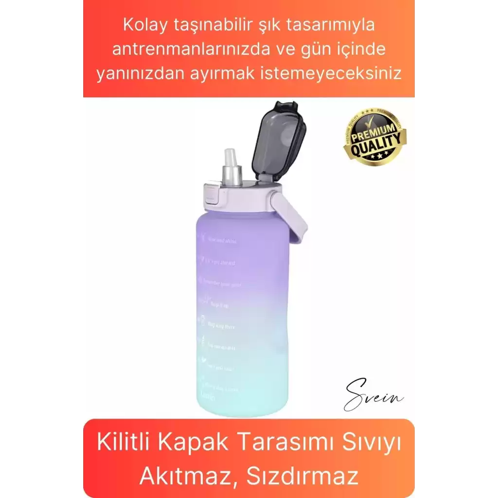 Premium 2 Lt Pipetli Kilitli Sızdırmaz Kapaklı Tutma Saplı Motivasyon Suluk Matara Sporcu Su Şişesi