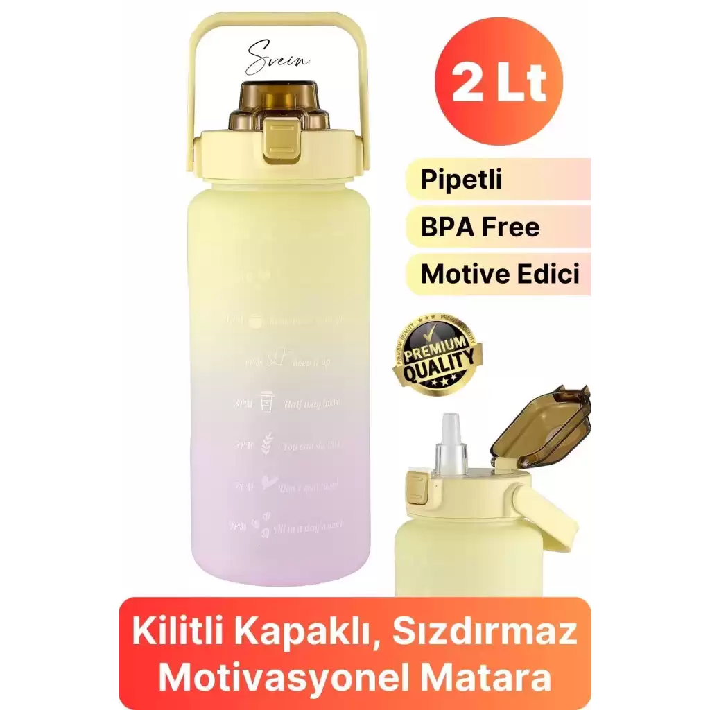 Premium 2 Lt Pipetli Kilitli Sızdırmaz Kapaklı Tutma Saplı Motivasyon Suluk Matara Sporcu Su Şişesi
