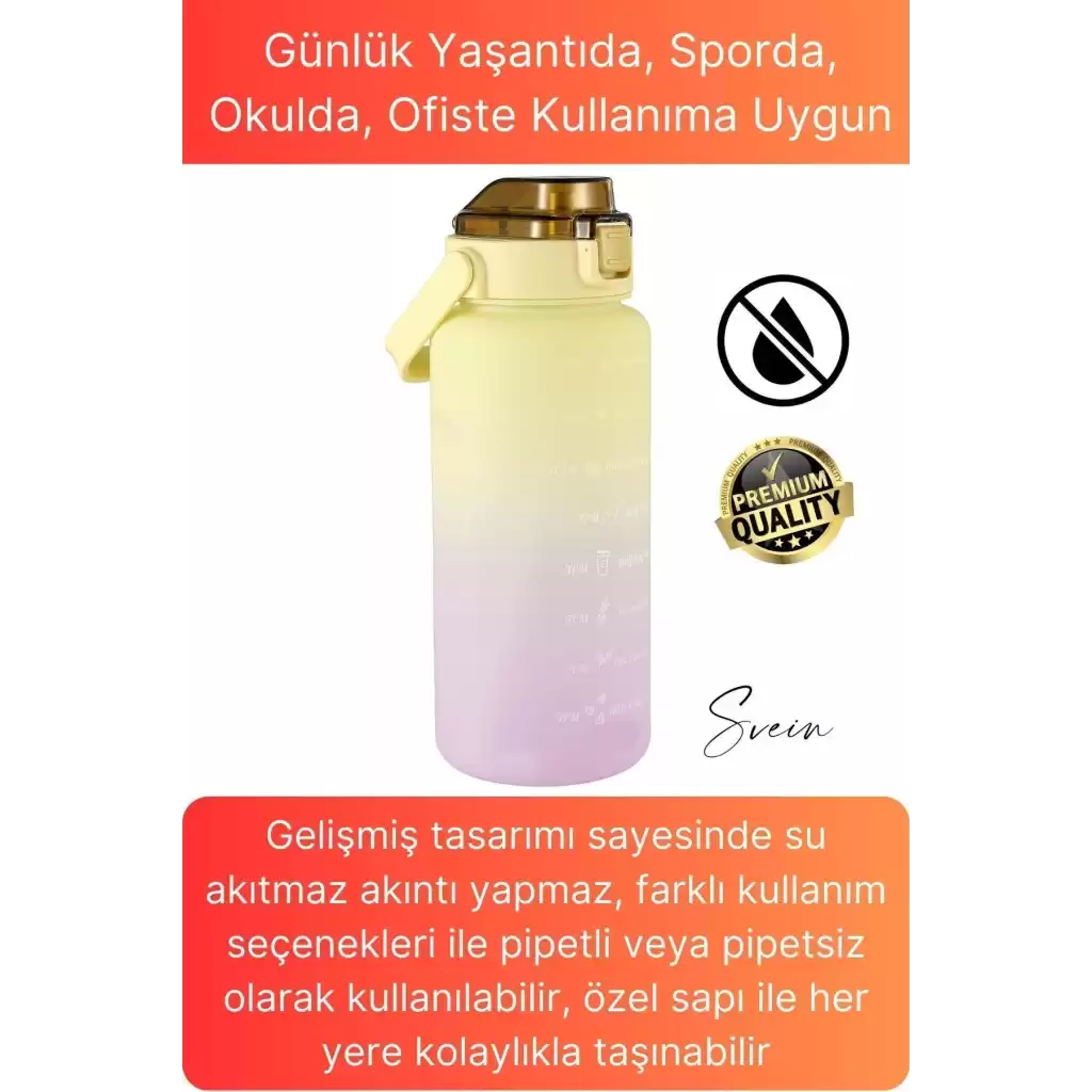 Premium 2 Lt Pipetli Kilitli Sızdırmaz Kapaklı Tutma Saplı Motivasyon Suluk Matara Sporcu Su Şişesi