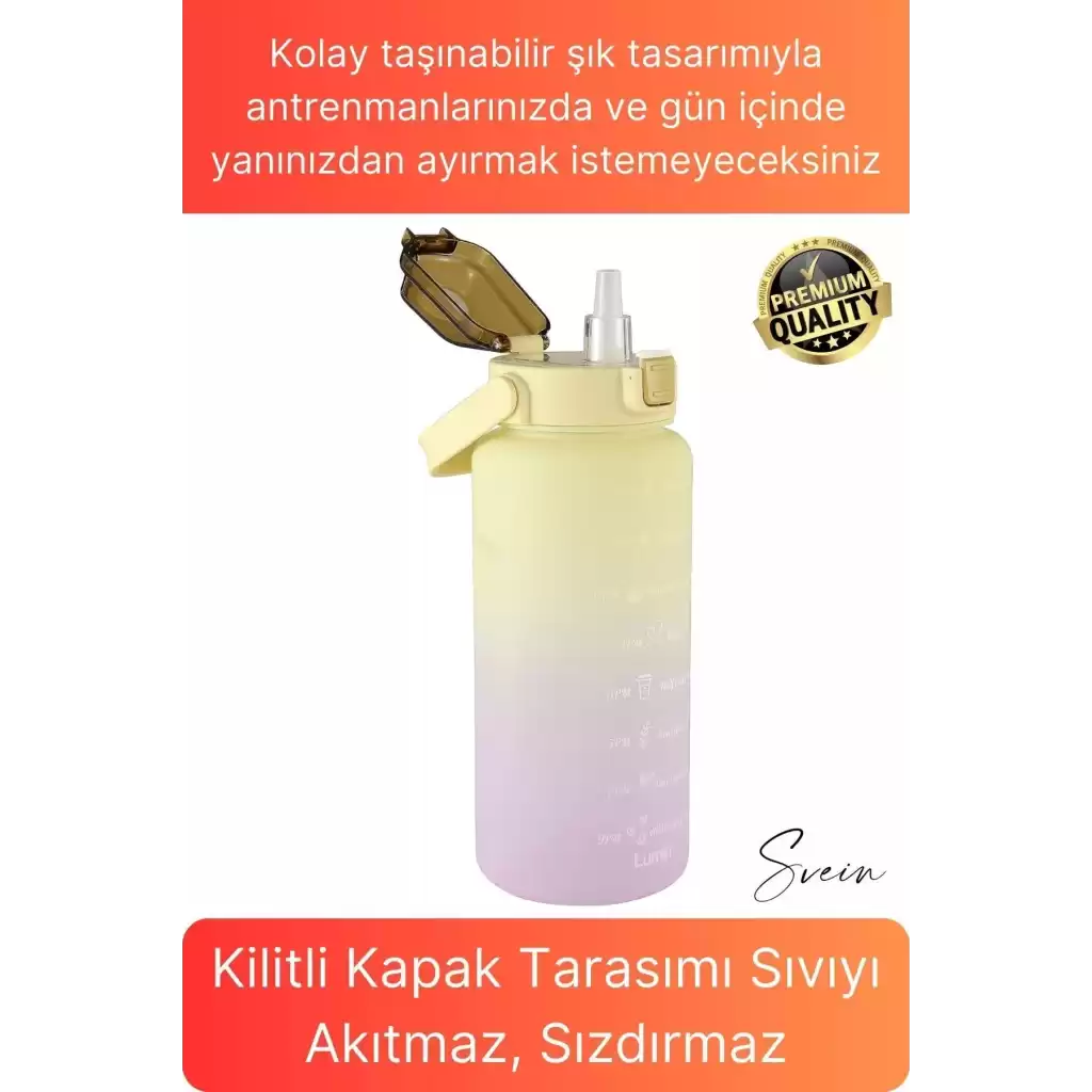 Premium 2 Lt Pipetli Kilitli Sızdırmaz Kapaklı Tutma Saplı Motivasyon Suluk Matara Sporcu Su Şişesi