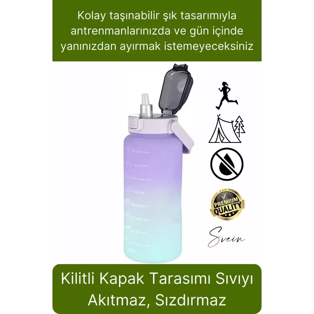 Premium 2 Lt Pipetli Kilitli Sızdırmaz Kapaklı Kamp Sağlıklı Motivasyon Suluk Matara Spor Su Şişesi