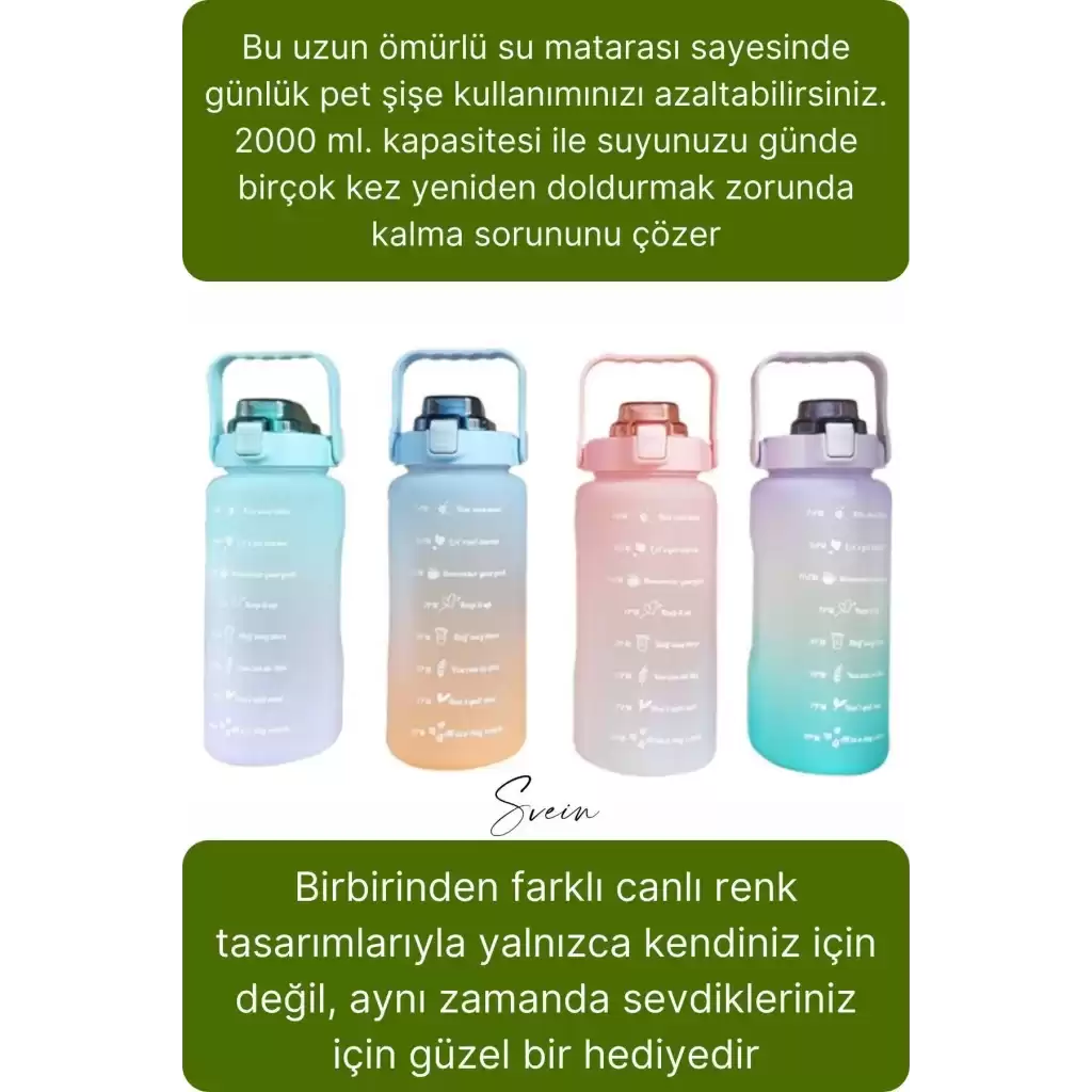 Premium 2 Lt Pipetli Kilitli Sızdırmaz Kapaklı Kamp Sağlıklı Motivasyon Suluk Matara Spor Su Şişesi