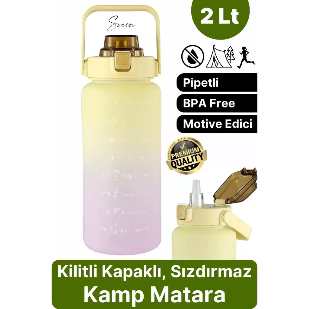 Premium 2 lt Pipetli Kilitli Sızdırmaz Kapaklı Kamp Sağlıklı Motivasyon Suluk Matara Spor Su Şişesi