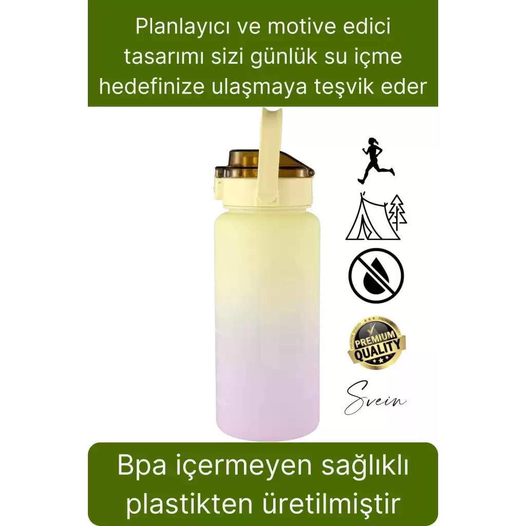 Premium 2 lt Pipetli Kilitli Sızdırmaz Kapaklı Kamp Sağlıklı Motivasyon Suluk Matara Spor Su Şişesi