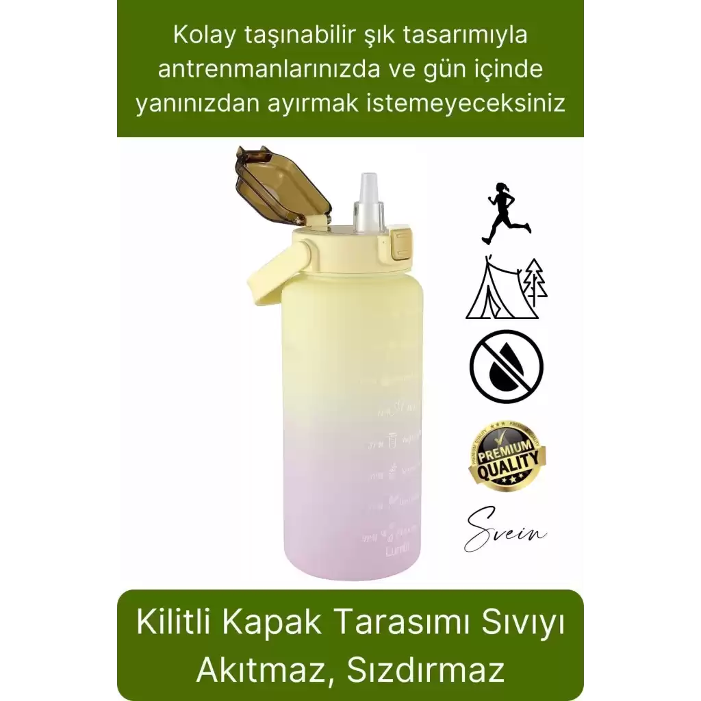 Premium 2 lt Pipetli Kilitli Sızdırmaz Kapaklı Kamp Sağlıklı Motivasyon Suluk Matara Spor Su Şişesi