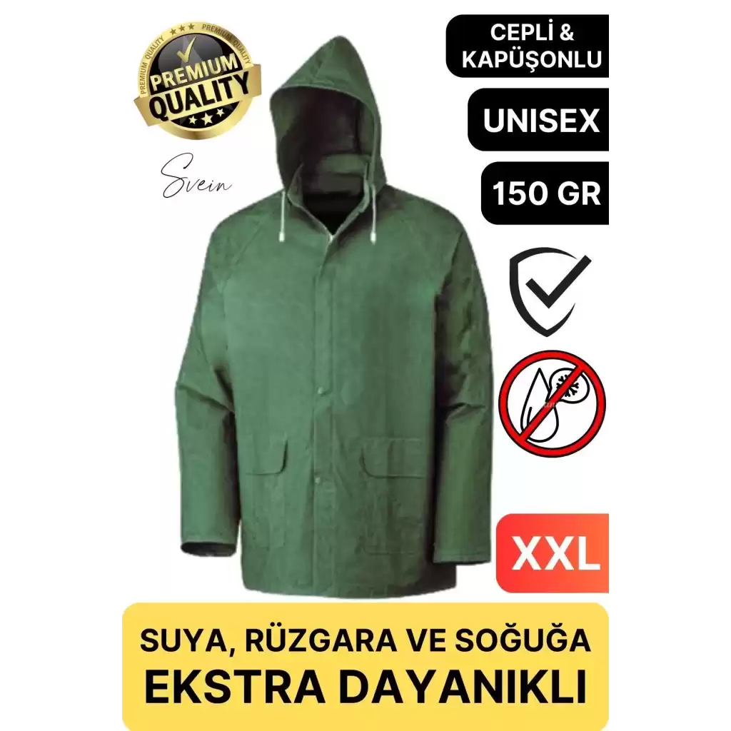 Premium Yeşil Xxl 150 gr Kapüşonlu Cepli Yağmurluk Su Rüzgar Soğuk Geçirmez Unisex Çıtçıtlı Pardösü