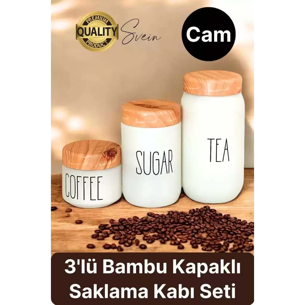 3lü Boy Vakumlu Bambu Kapaklı Cam Beyaz Kavanoz Seti Saklama Kabı Takımı Tuz Şeker Kahve Mutfak