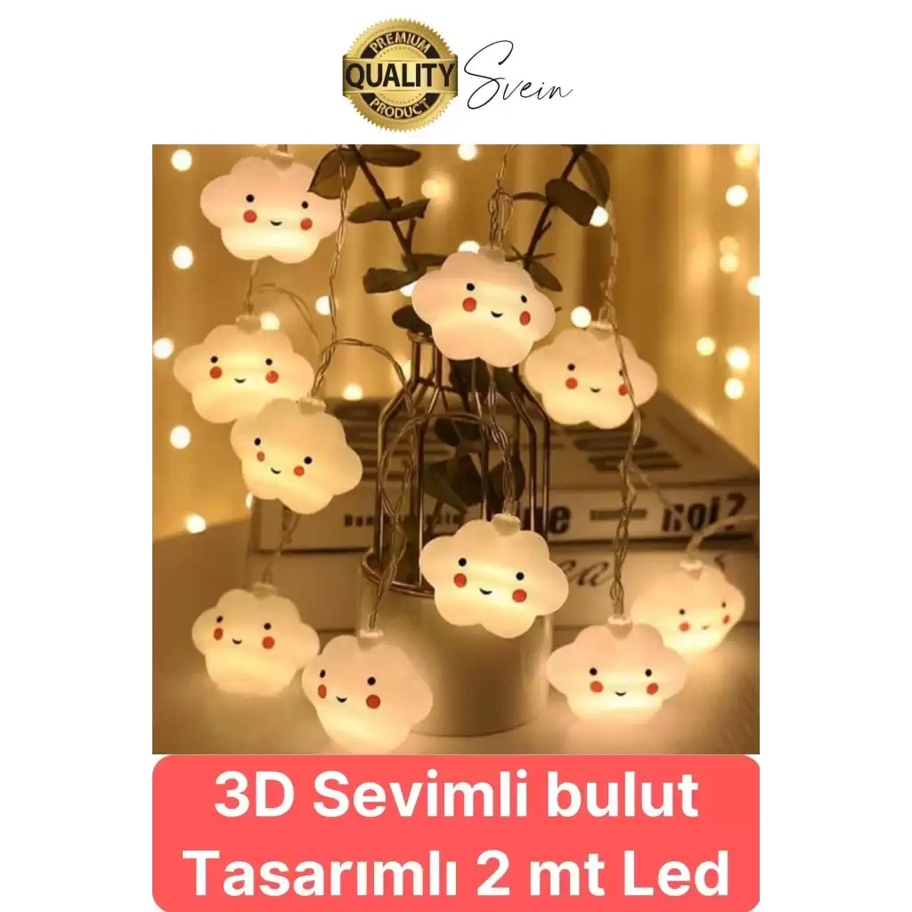 3D Sevimli Bulut Tasarımlı 2 Metre Şerit Zincir 10lu Led Işıklı Aydınlatma Dekor Süsleme Lamba