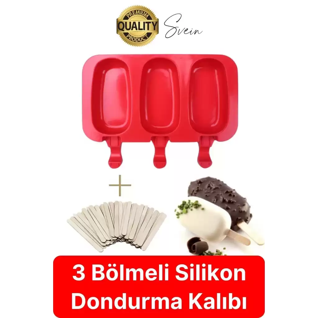 Premium 3lü Silikon Magnum Şeklinde Dondurma Yapma Kalıbı Ahşap Çubuklu Buzluk Puding Kabı Pratik