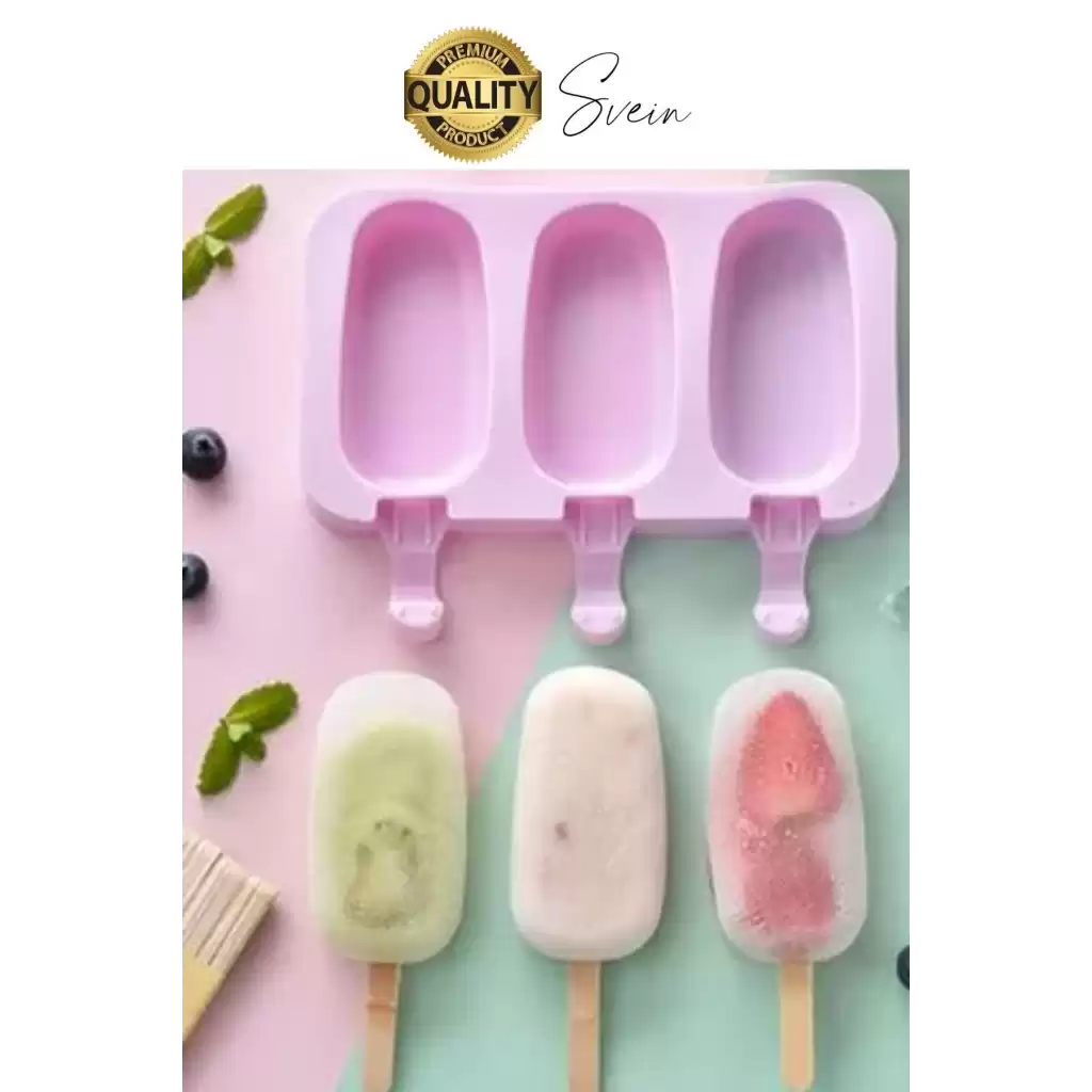 Premium 3lü Silikon Magnum Şeklinde Dondurma Yapma Kalıbı Ahşap Çubuklu Buzluk Puding Kabı Pratik