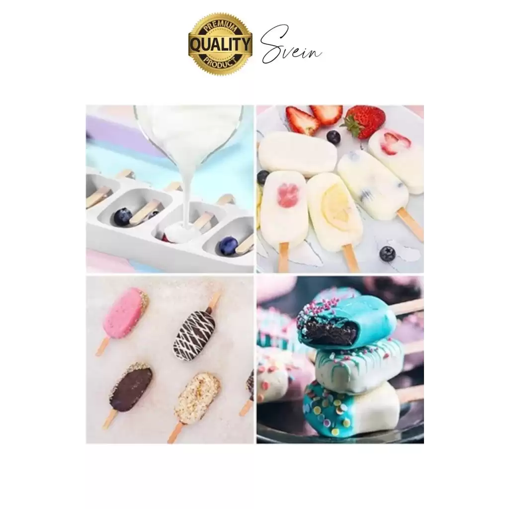 Premium 3lü Silikon Magnum Şeklinde Dondurma Yapma Kalıbı Ahşap Çubuklu Buzluk Puding Kabı Pratik