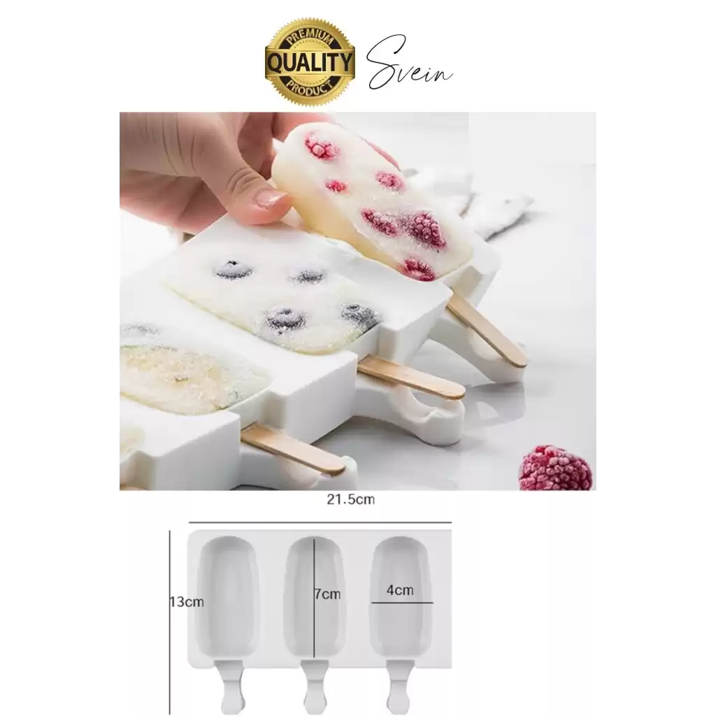 Premium 3lü Silikon Magnum Şeklinde Dondurma Yapma Kalıbı Ahşap Çubuklu Buzluk Puding Kabı Pratik