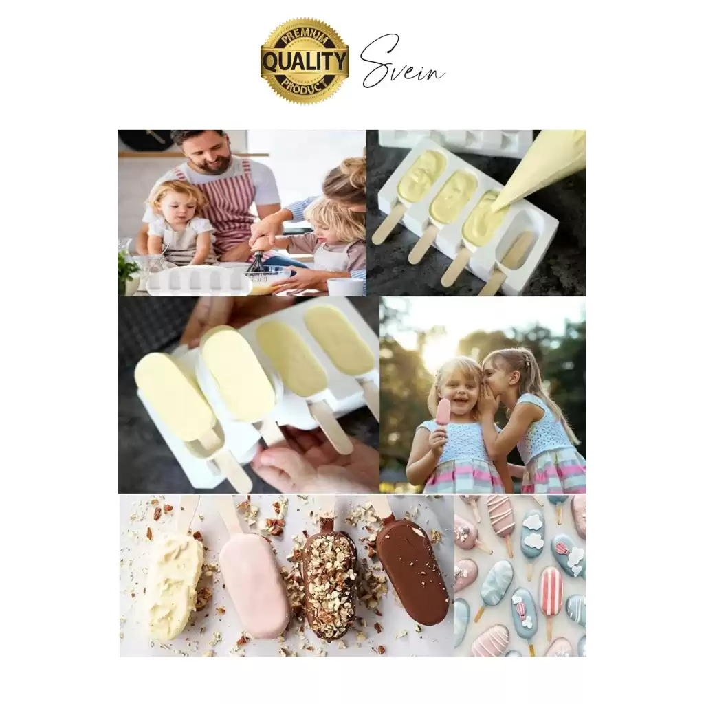 Premium 3lü Silikon Magnum Şeklinde Dondurma Yapma Kalıbı Ahşap Çubuklu Buzluk Puding Kabı Pratik