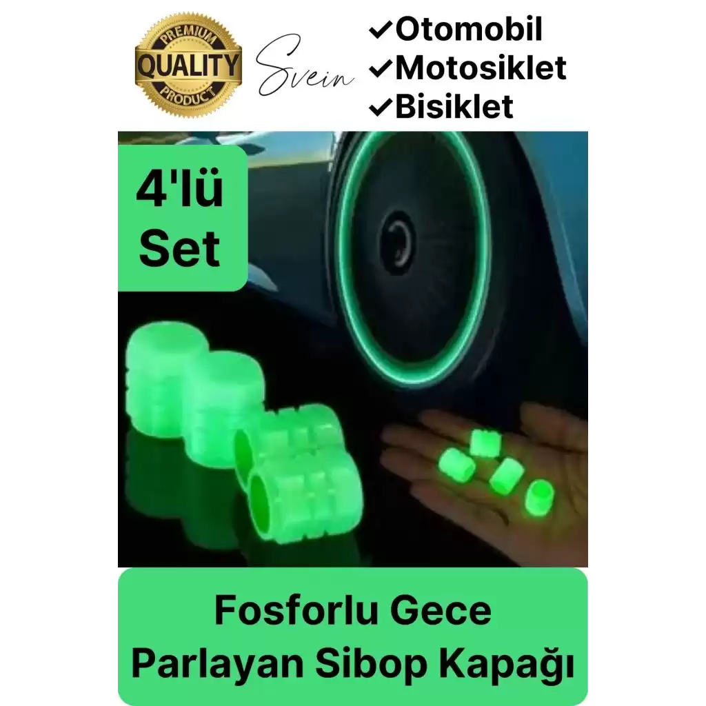 Özel Üretim Yeşil Fosforlu Sibop Kapağı 4 Set Tüm Araçlarla Uyumlu Gece Parlayan Sibob Jant Tekerlek