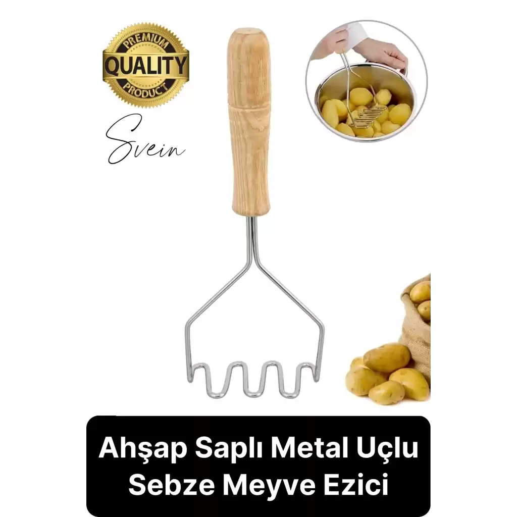 Premium Ahşap Saplı Patates Püre Sebze Yiyecek Yumurta Muz Meyve Ezici Paslanmaz Çelik Z Model