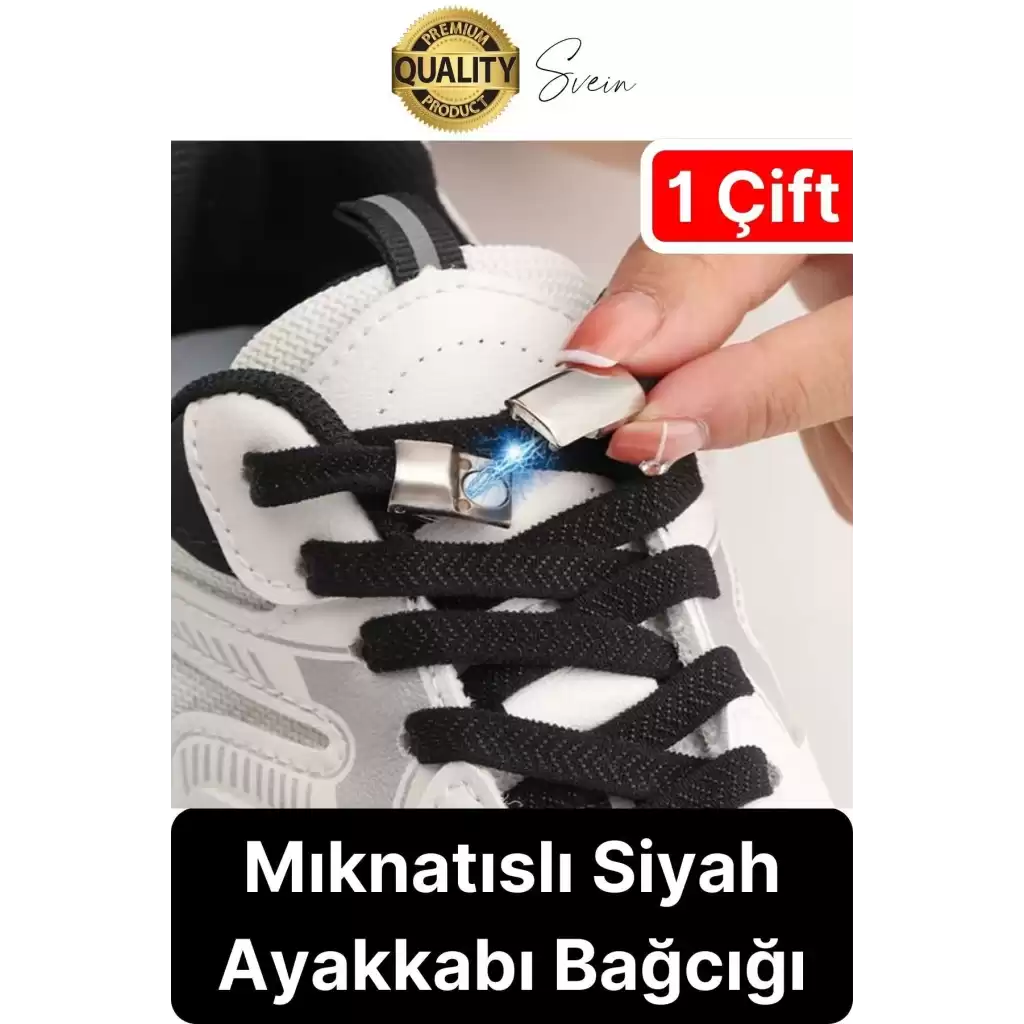 Yeni Mıknatıslı Metal Tak Bırak Elastik Siyah Akıllı Kilitli Bağcık Spor Ayakkabı Bağcığı 100 cm