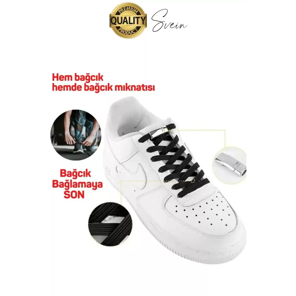 Yeni Mıknatıslı Metal Tak Bırak Elastik Siyah Akıllı Kilitli Bağcık Spor Ayakkabı Bağcığı 100 cm