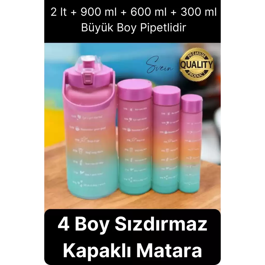 Yeni Model Pipetli 4 Boy Motivasyonel Su İçecek Matarası Sporcu Suluk Şişesi Renkli Büyük ve Küçük