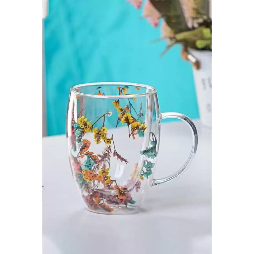 Özel Üretim Kurutulmuş Çiçekli Şık Dayanıklı Cam Kupa Bardak Hediyelik Kulplu Fincan 250 ml